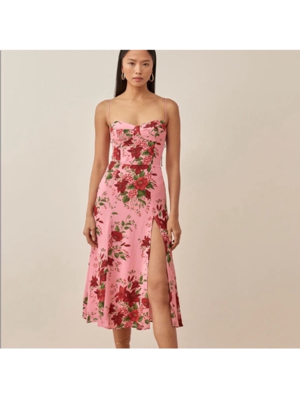 Reformation Pink Floral Midi Juliette Slip Dress with Side Slit